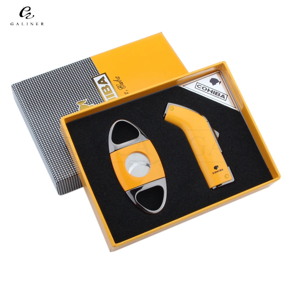 

COHIBA Cigar Lighter Cutter Set 2 Flame Gas Lighter Cigars Metal Stainless Steel Sigaar Zigarren Cutter Guillotine Cigar Set