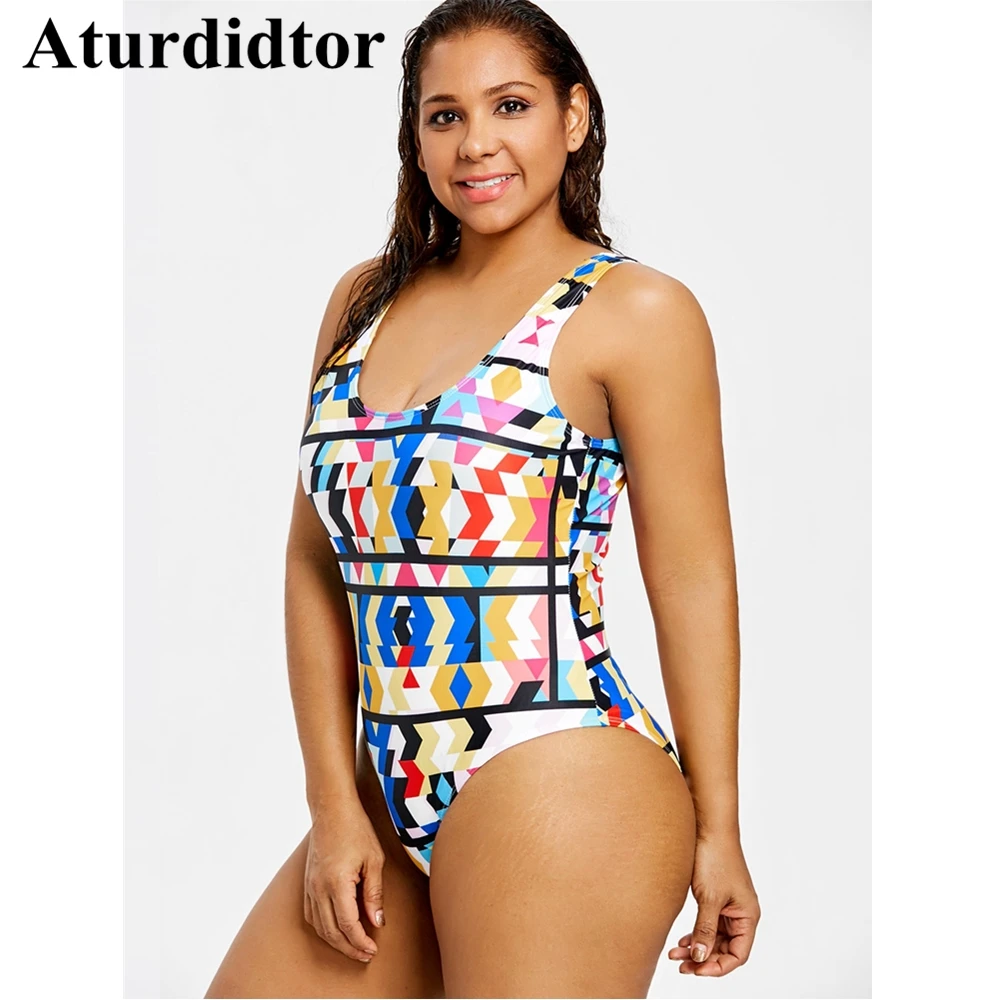 Plus Dize Dwimwear Women Geometric Size High Cut One Piece Swimsuit Female One-piece Bathing Suits Swimming Wear for | Спорт и
