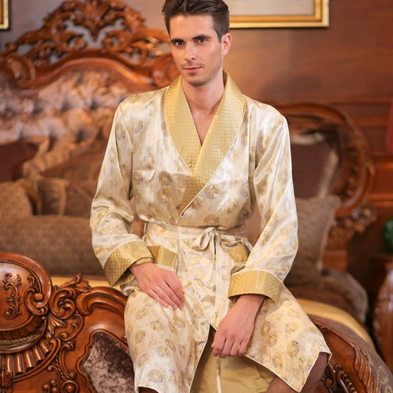Высокое качество осень Для мужчин шелка с длинными рукавами кимоно пижамы 100% шелк мужской Халат Bilayer утолщенной шелковый халат домашняя