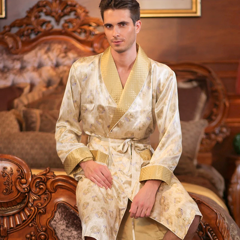 

High Quality Autumn Men Silk Long-Sleeve Kimono Sleepwear 100% Silk Male Robe Bilayer Thickened Silk Robe Loungewear Clothes