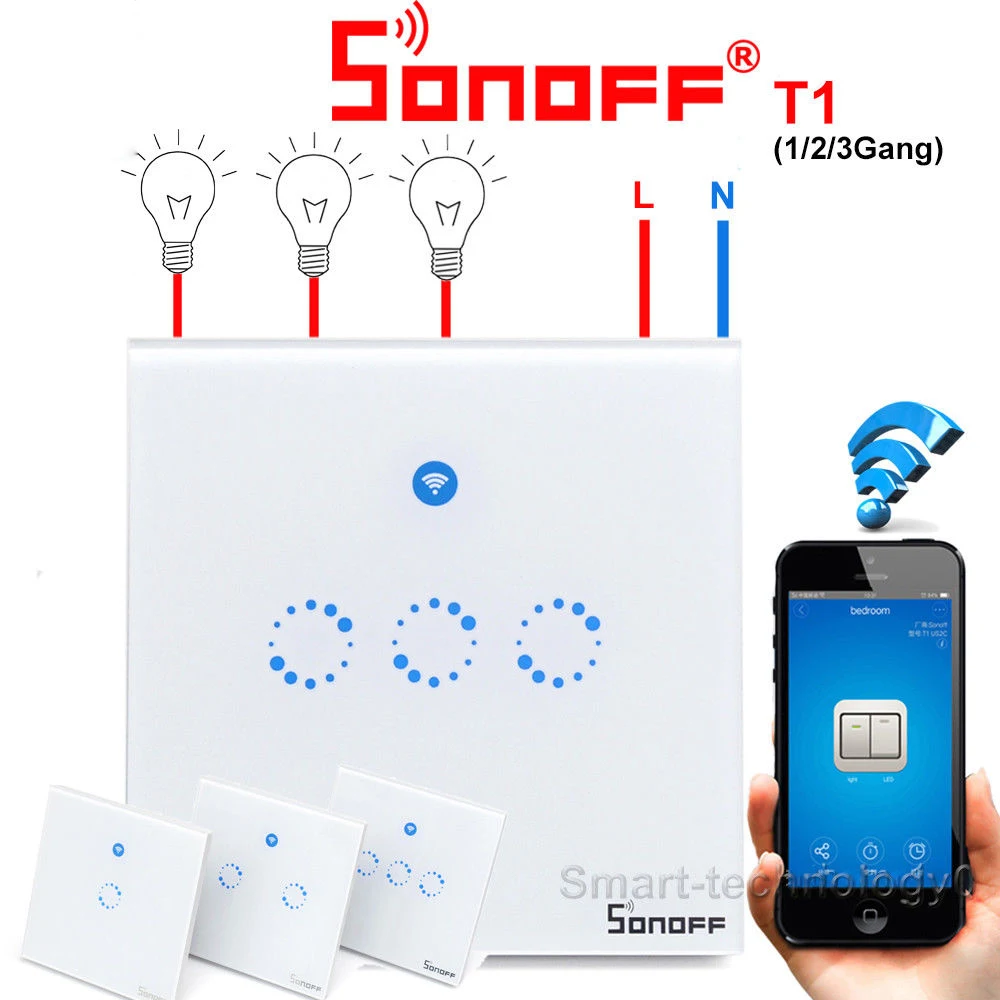 

Sonoff T1 US/UK/EU WiFi RF Smart Home Touch Switch Wall Remote Control 1 /2 /3 Gang 86 Type Panel Work with Alexa Google Home