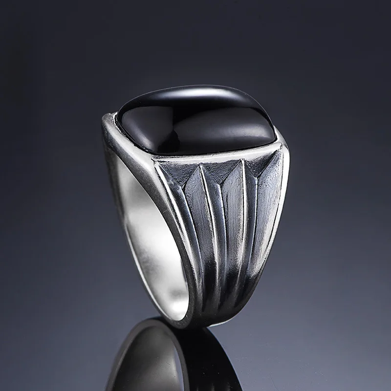 Новинка Настоящее чистое 925 пробы серебро черный Ониксовые кольца для мужчин ретро квадратные натуральный камень ювелирные изделия очаровательное кольцо