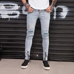 Известный бренд Для мужчин тонкие узкие джинсы до колена плиссированные уличная мужские ботильоны на молнии эластичные Повседневное Destoryed