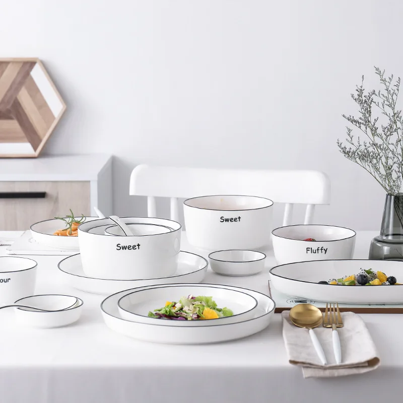 

Ceramic Household Bowl Soup Bowl Eating Bowl Simple Nordic Style Tableware Dish Plate Fish Plate European Style Dinnerware Sets