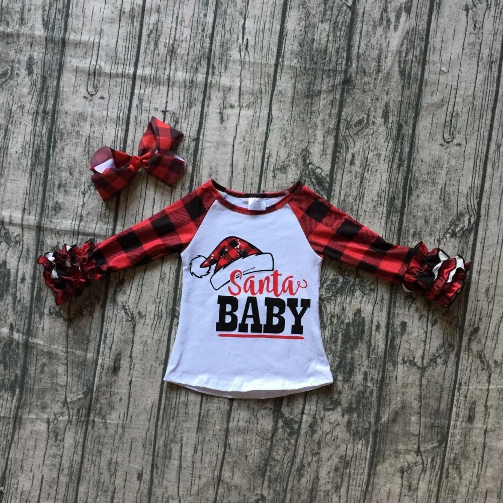 Christmas Fall/winter baby girls children clothes boutique cotton icing sleeve top t-shirts raglans Santa baby plaid match bow Christmas Fall/winter baby girls children clothes boutique cotton icing sleeve top t-shirts raglans Santa baby plaid match bow