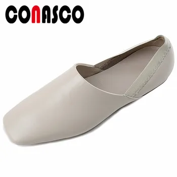 

CONASCO New 2019 Women Flats Genuine Leather Square Toe Loafters Shoes Woman High Quality Sheepskin Spring Summer Loafters Flats