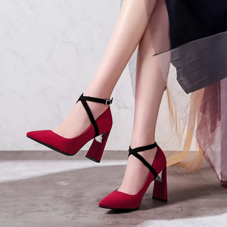 Big Size 11 12 13 14 15 ladies high heels women shoes woman pumps Suede pointed thick heel buckle with shallow opening