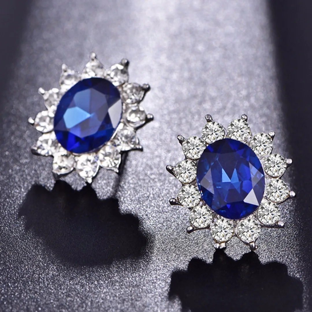 Women's Gorgeous Sapphire Flower Crystal Necklace Stud Earrings Jewelry Set