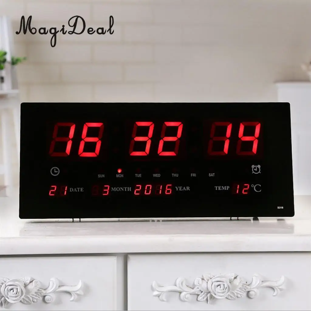 

Plug in LED Digit Wall Clock Electronic Alarm Watch Time - Days/Month/Year Thermometer Night Mode - School Office Supplies EU