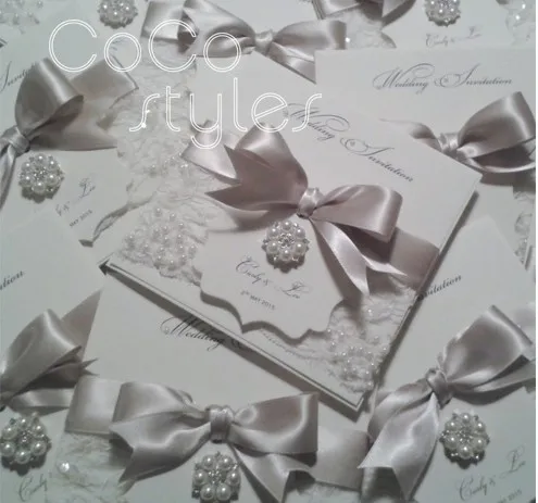  Cocostyles personalized super elegant lace design invitation card with pearl brooch and ribbon for  - 32891232521