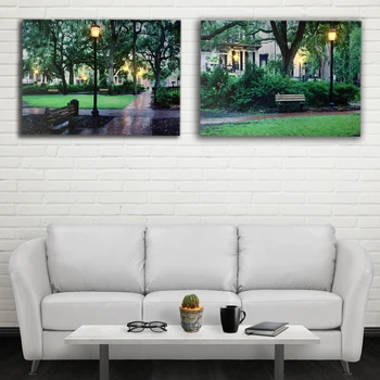 

Led Canvas painting Stone Walkway And Water Fountain In The urban rainy Park picture wall art decor poster and print light up