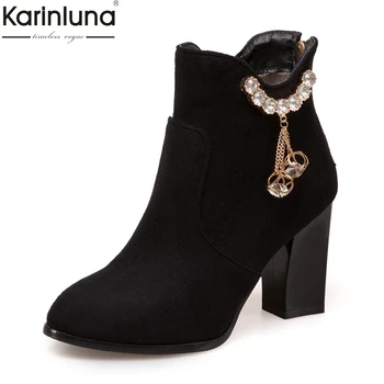 

Karinluna large Size 31-50 Add Fur Winter Boots Woman Shoes Square High Heels fashion crystals Ankle Boots Shoes Woman