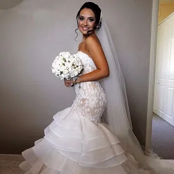 

Lace Applique Organza Mermaid Wedding Dresses 2017 Sexy Ruffles Off Shoulder Bridal Wedding Gowns robe de mariage