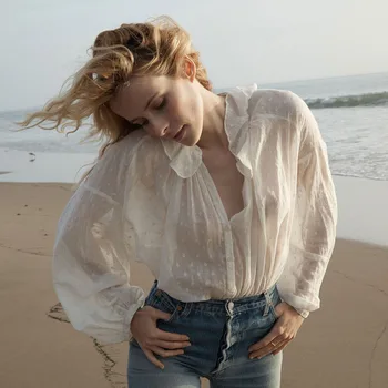 

Oversize Loose Chiffon Ruffle Turn-down Collar Shirt Women Autumn Batwing Sleeve Casual Beach Blouse Blusa Top
