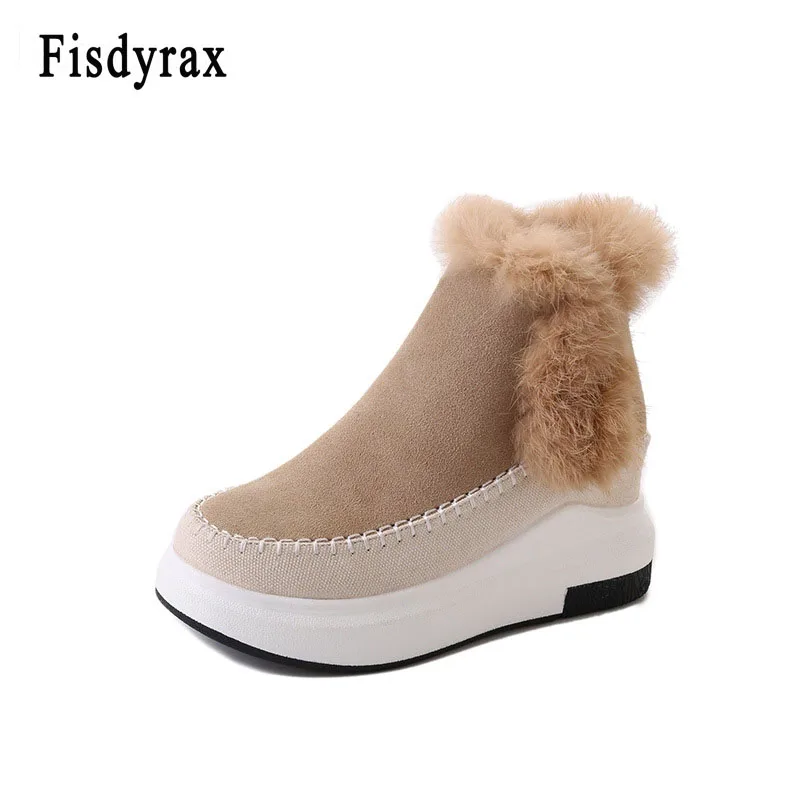 

Fisdyrax Winter women Boot Fur Rabbit Hair Snow Ankle Woman Warm Flat Mid Suede Leather Thick bottom Casual Boots For Women