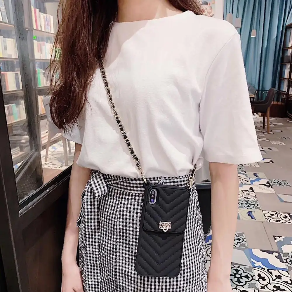 

Crossbody Wallet Case Cover For iPhone XS MAX XR X 8 7 6 6s Plus Card Slot Pouch Purse Cover With long shoulder strap chain