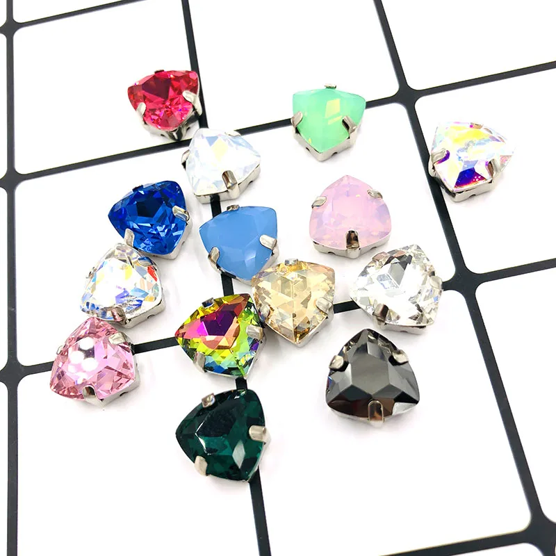  12mm Fat Triangle Metallic black High quality Glass Crystal sew on rhinestones sliver base with hol - 32883846641