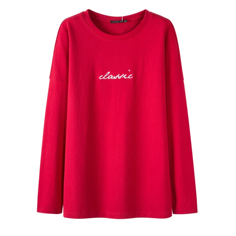 red SEMIR Женская длинная футболка с графикой из хлопка, длинный рукав реглан, Женская ребристая рубашка с вырезом "лодочка", Весенняя футболка - Цвет: red