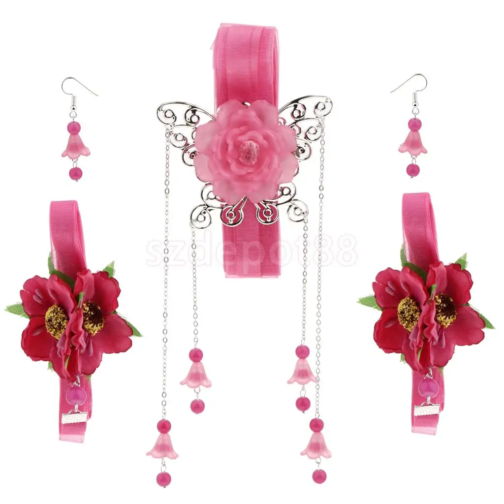 Ribbon Flower Chain Tassel Ancient Chinese Headdress Clip & Beads Dangle Earring Set Bridal Wedding Cosplay Party Hair Jewelry