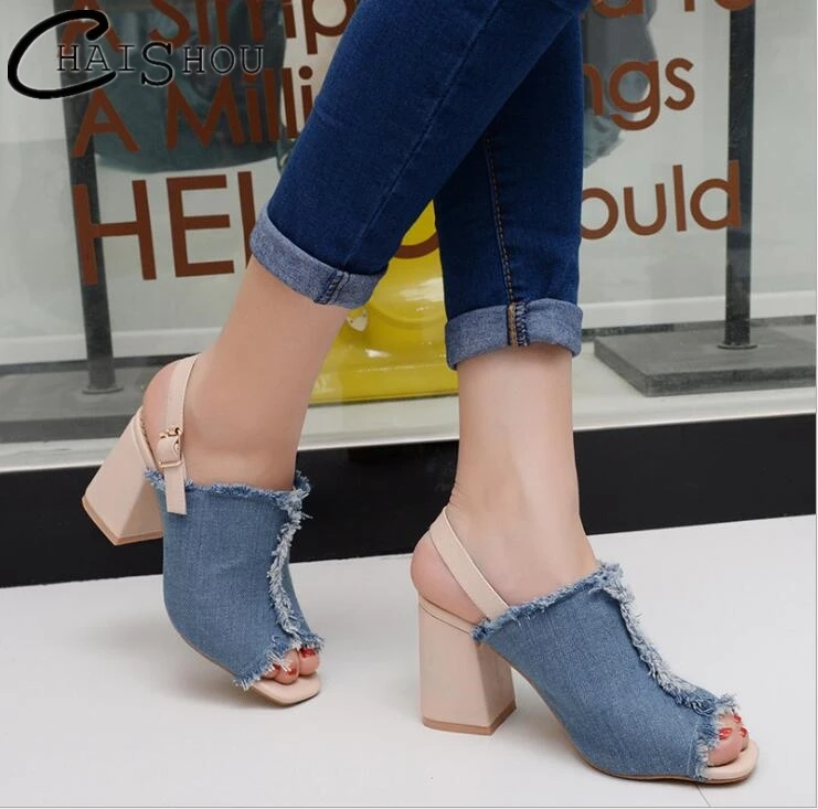 

2018 Hot sell Women High Heels Sandals Summer Square Heels Denim Heeled Platform women Shoes Ladies Sexy Party fashion Shoes 410