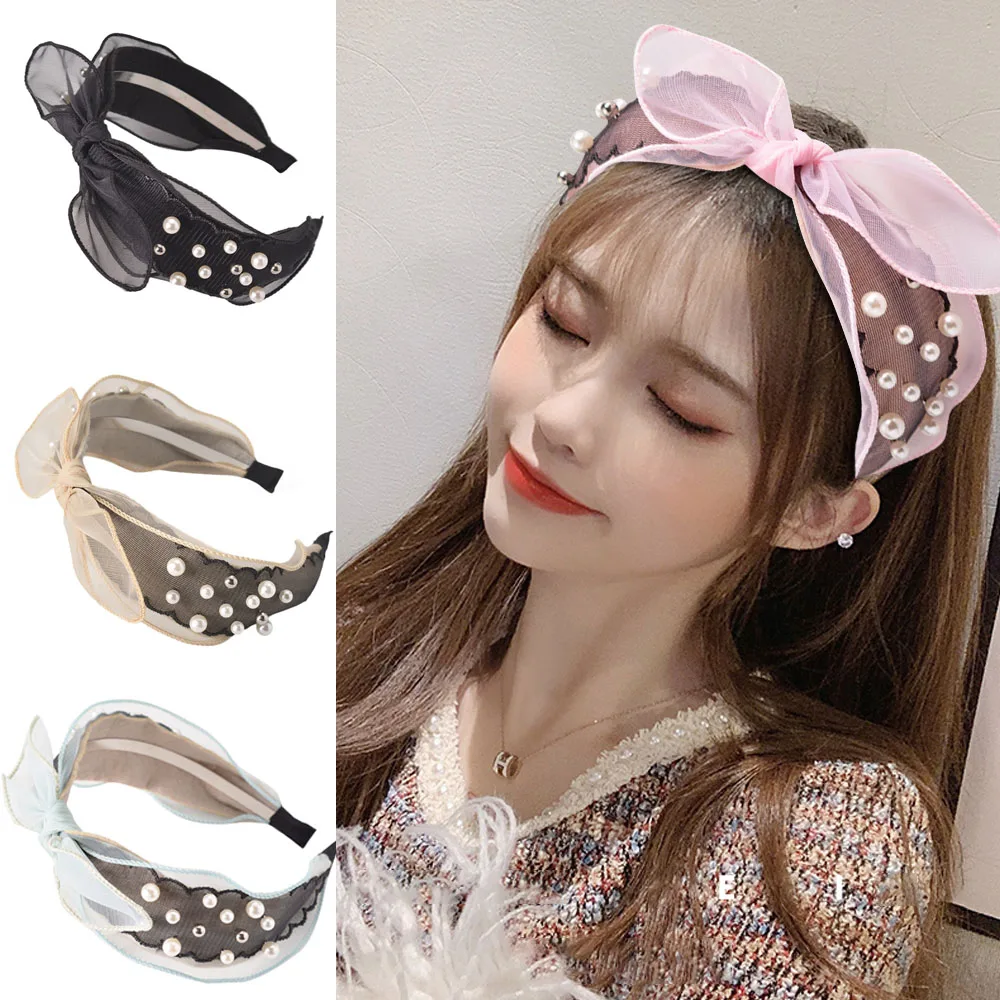 

2019 New Pearl Hairband Summer Yarn Lace Rabbit Ears Bowknot Headband Sweet Head Hoop Elastic Headwear Hair Accessories