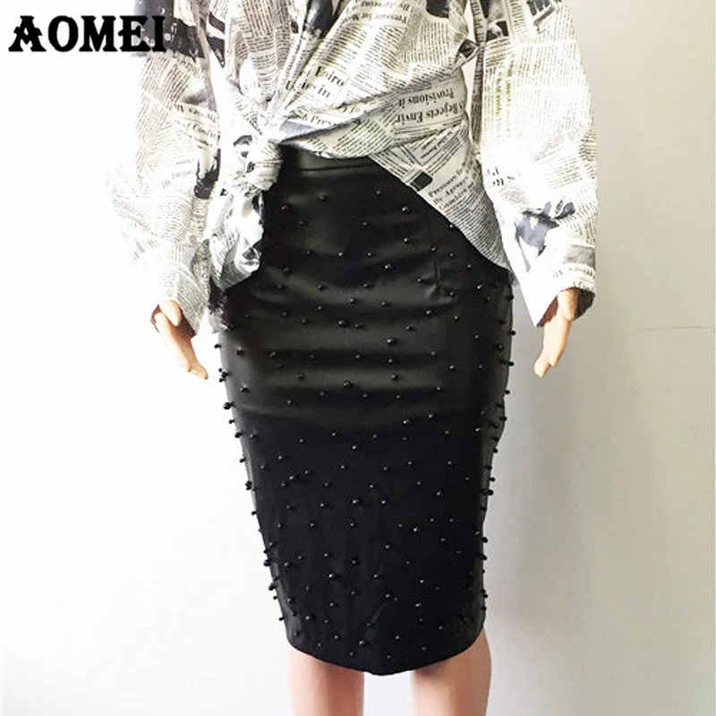 Офисная Женская юбка-карандаш из искусственной кожи, облегающая, облегающая, с разрезом, с бусинами, одежда для работы, женская, осенняя, элегантная, Jupes Saia falda, официальная одежда