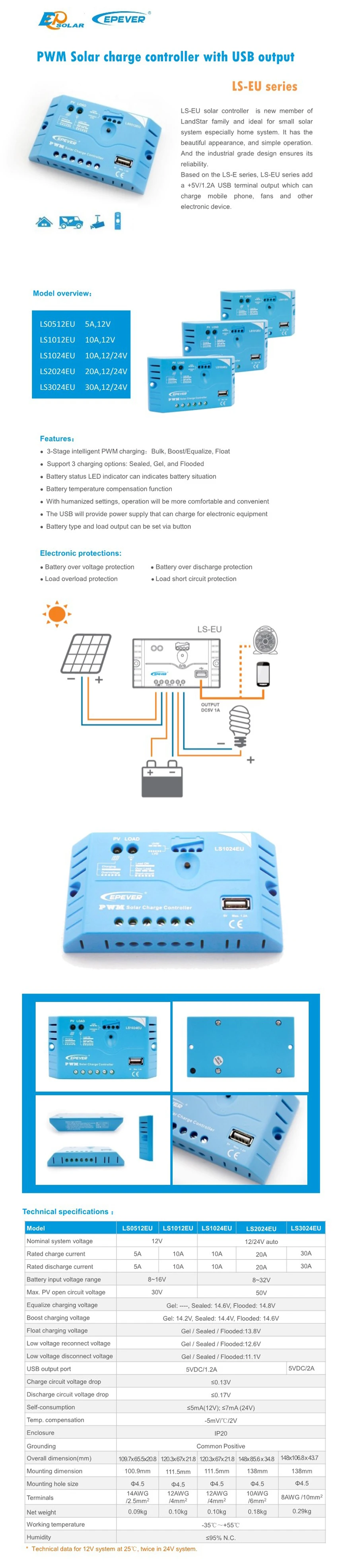 PWM EPsolar LS1024EU Солнечный EPEVER контроллер зарядки панели 10a 10amp для 12 В 24 В Авто работы