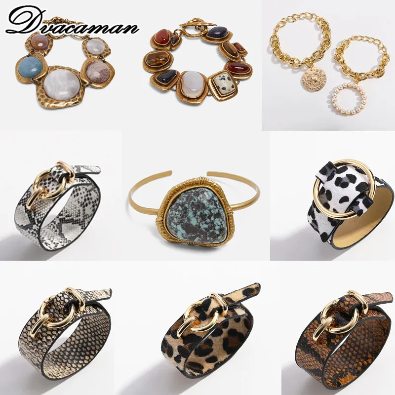 

Dvacaman ZA Boho Stone Bangles for Women 2019 Vintage Leopard Print Leather Bangles&Bracelets Party Gifts Ethnic Jewelry Female