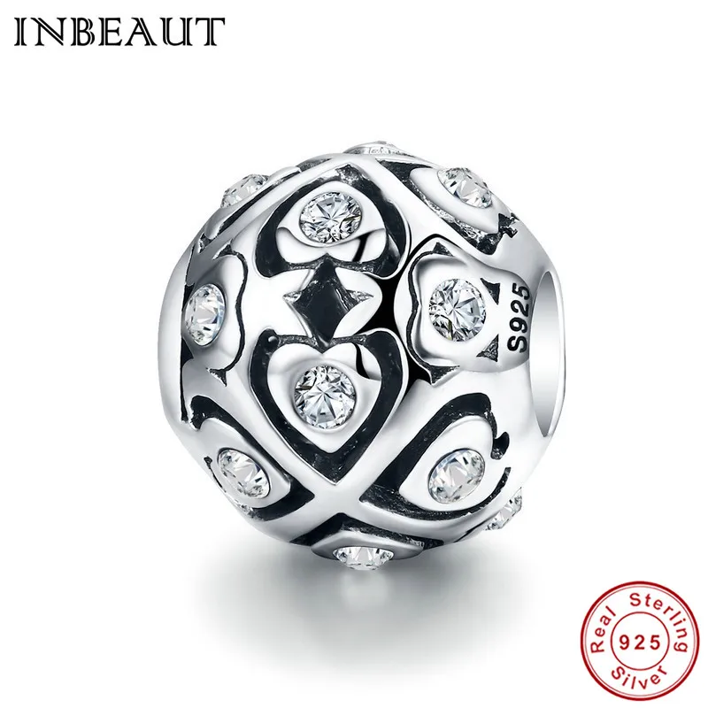 

INEAUT 100% 925 Sterling Silver Round White Clear CZ Stone Heart Hollow Zircon Beads fit Fashion Charm Bracelet for Women