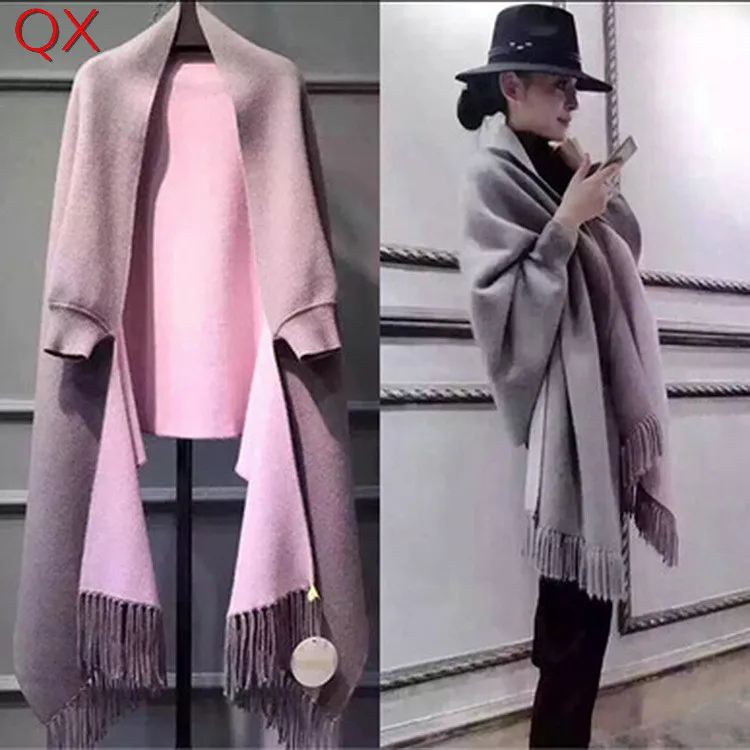 Kopen SC2 2018 Oversize Dubbelzijdige Sjaal Winter Faux Cashmere Poncho Vrouwen Solid Designer Vrouwelijke Lange Mouwen Wrap Vintage Sjaal