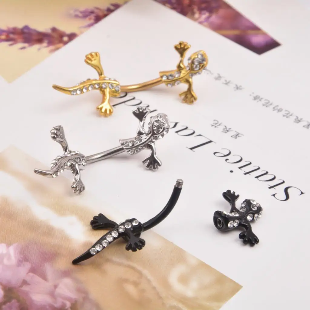 316L Stainless Steel Crystal Zircon Gecko Animal Drop Navel Belly Button Ring