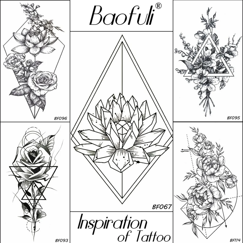 

BAOFULI Women Buddhist Lotus Temporary Tattoo Stickers Black Water Transfer Fake Tatoos Diamond Geometric Body Art DIY Tattoos