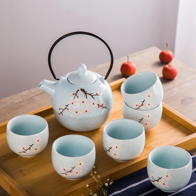 Чайный набор кунг-фу, набор из 7 предметов, японская Снежинка, глазурь, полный чайный набор, креативный чайник, чайный набор, свадебные подарки - Цвет: Синий