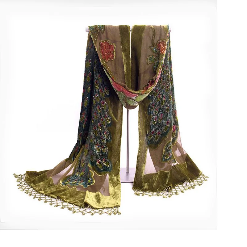 

Army Green Women Velvet Silk Beaded Shawls Scarves Chinese Traditional Handmade Embroidery Scarf Wrap Cachecol Peacock NP055