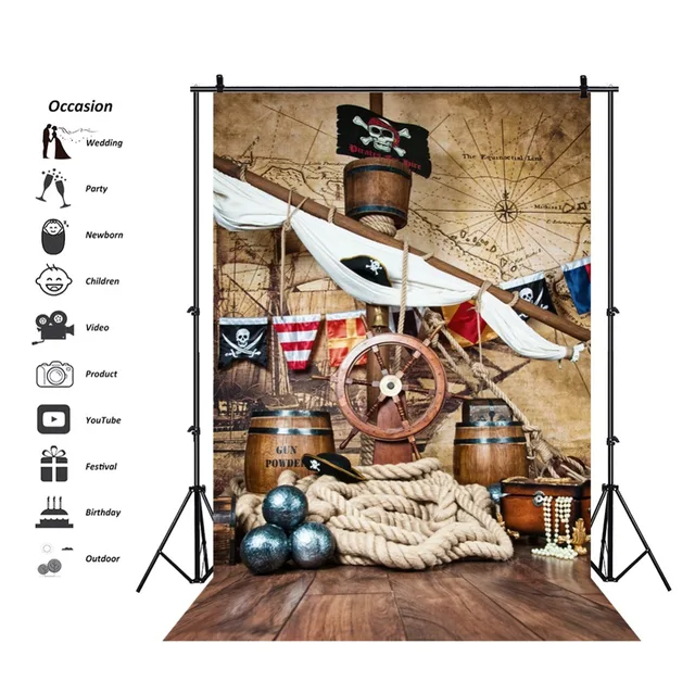 Pirate Birthday Backdrops For Photography Ship Deck World Map Party Baby Child Portrait Photo Backgrounds Photocall Photo Studio