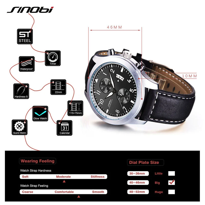 SINOBI Мужские спортивные часы с хронографом, мужские военные кожаные часы, люксовый бренд, мужские кварцевые часы, наручные часы, Relogio Masculino