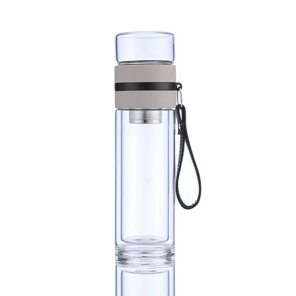 Transparent Glass Tea Cup Portable Water Tea Bottle with Separate Cup@LS