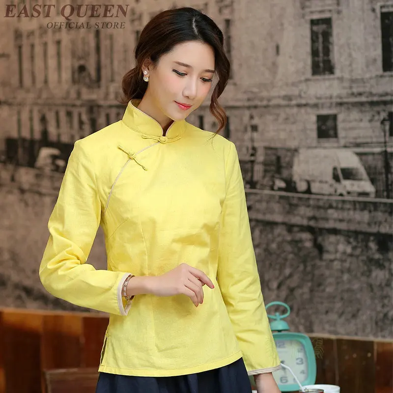 Традиционная китайская блузка, рубашка, топы для женщин, воротник-стойка, Восточная льняная рубашка, блузка, Женский Элегантный Топ cheongsam AA4185