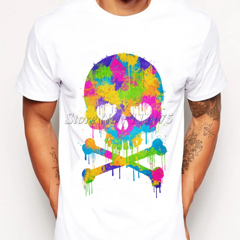 

2019 Newest Men Fashion Watercolor Skull Design T shirt Novelty Graffiti Tops Gentleman Custom Printed Short Sleeve Tees
