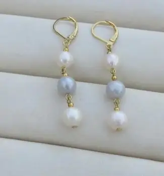 

>>>>noble jewelry charming natural round white+gray pearl earring 14K/20 YELLOW GOLD