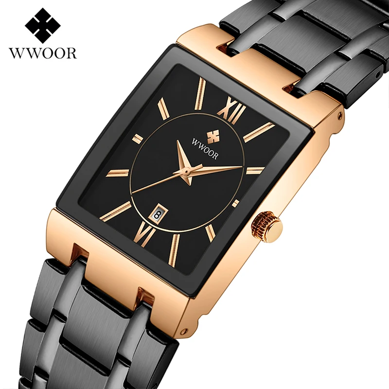 

WWOOR Top Brand Luxury fashion Mens Stainless steel Gold Square Analog Quartz Watch Male Waterproof WristWatch Man Leisure Clock