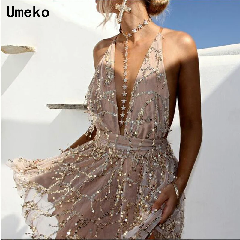 

Women Sexy Dress Party Night Club Sequin Backless Bandage Spaghetti Strap Deep V Neek Sleeveless Female Mini Dress