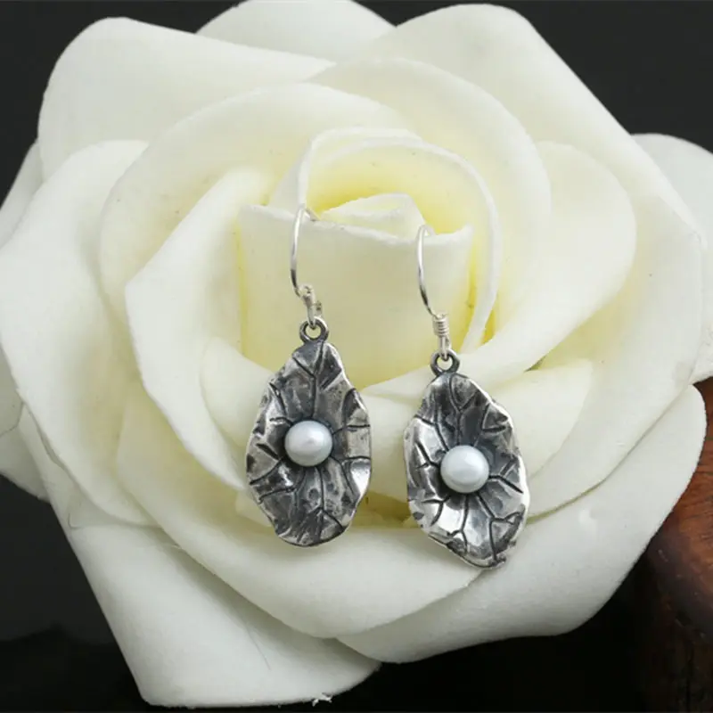

One Pair Thai Silver 925 Lotus Natural Pear Drop Earrings Women Elegant Female 925 Sterling Silver Jewelry Vintage China Style