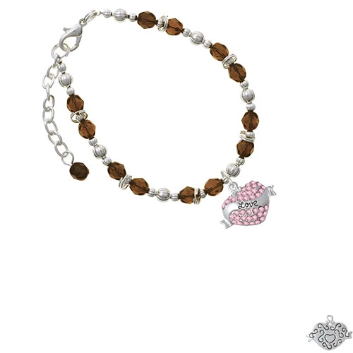 Silvertone Love Banner on Pink Crystal Heart Brown Beaded Bracelet