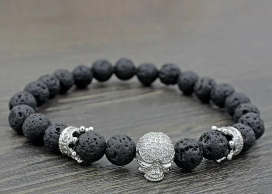 

8mm xr424 silver gold Crown skull adjusted black volcanic lava micro pave cz zircon cubic zirconia Bracelet essential oils