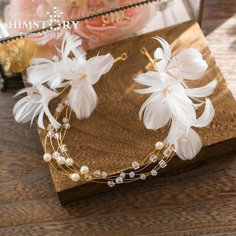 

Himstory Romantic Handmade Feather Bridal Hairband Wedding Hair Accessories Pearl Bridal Headpiece Prom Headbands Hairbands