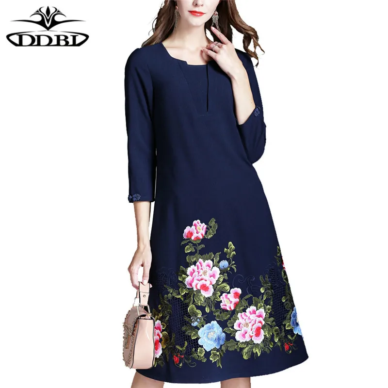 plus size women clothing large size dresses 40s 50s dresses dark blue embroidery elegant dress for mothers  170824