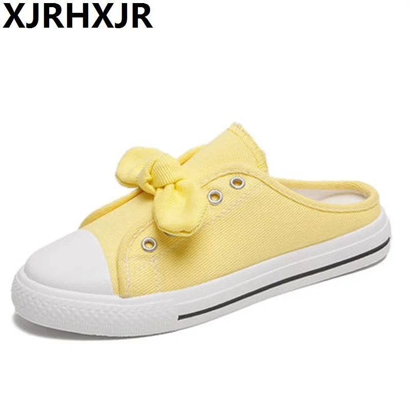 

XJRHXJR Women's Slippers Half Shoes 2019 Summer Canvas Fashion Bow Female Sneakers Comfortable Flip Flops Woman Summer Shoes