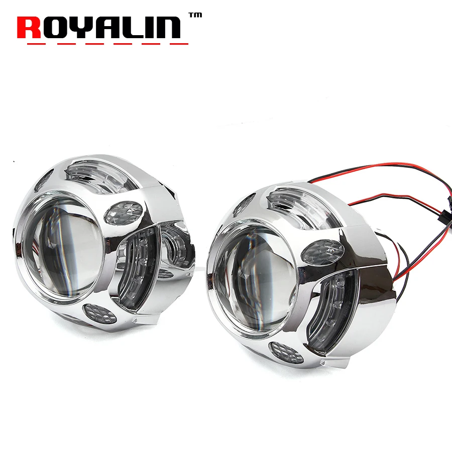 Best place to buy Price for  ROYALIN Car Metal Headlight Projector H1 Bi Xenon Lens DRL With White LED Round Cover For H4 H7 Mot
