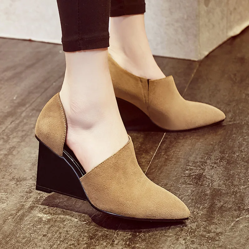 

Elegant leather boots with thick spring Ting pointed high-heeled shoes single matte deep retro British style women shoes
